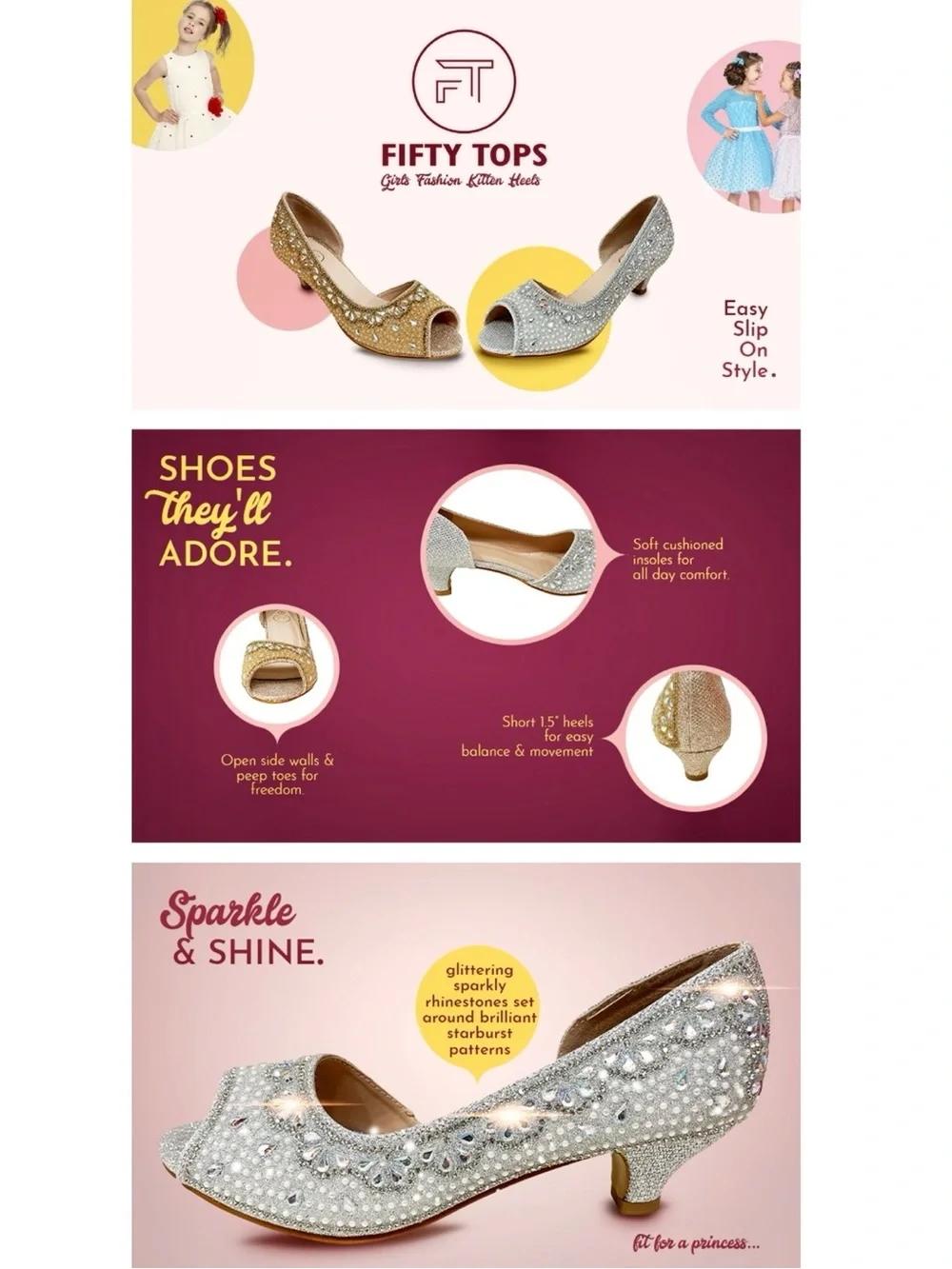 Girls' Fancy Silver Sparkle Rhinestone Embellished Open-Toe Dress Heels | Size 1